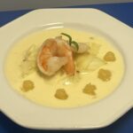 Gamba met een luchtige Pernodsaus en appel-venkel gel